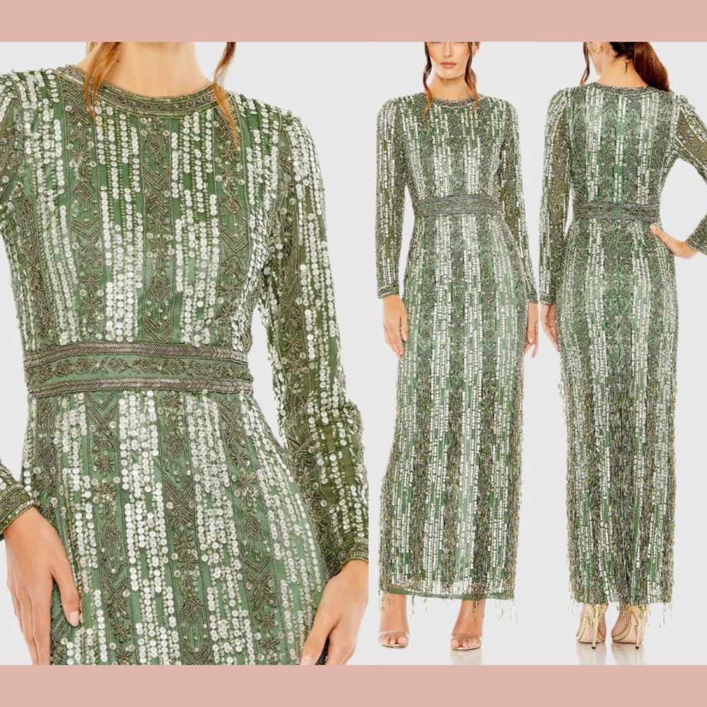 NWT MAC DUGGAL [‎ 10 ] 5981 High Neck Long Sleeve Crystal Fringe Column Gown
